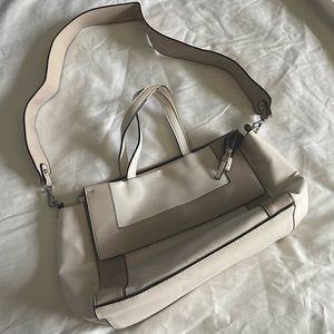 gray and white, carpisa purse, roughly 12in x 8in